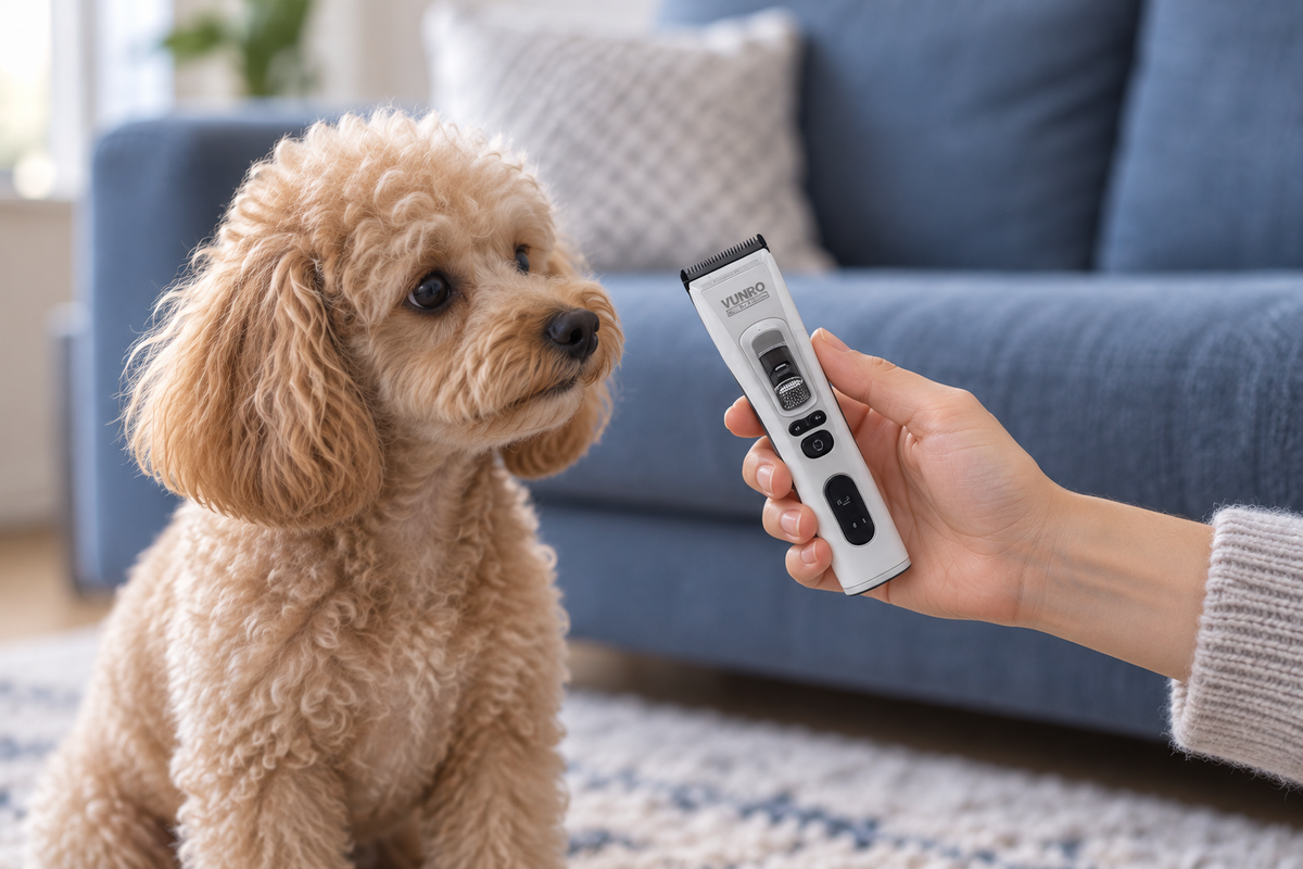 Pet parent introducing a switched-off VUNRO PRO trimmer at a calm distance from a dog
