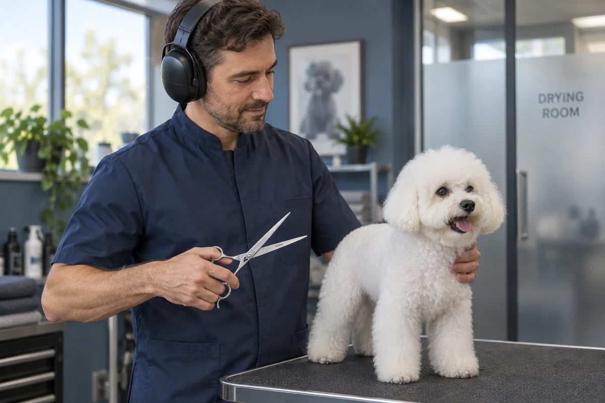 Groomer wearing hearing protectors and holding VUNRO straight scissors beside a bichon in a finishing area