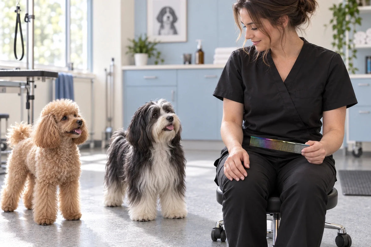 Groomer holding a VUNRO finishing comb beside a curly-coated poodle and a silky-coated Havanese