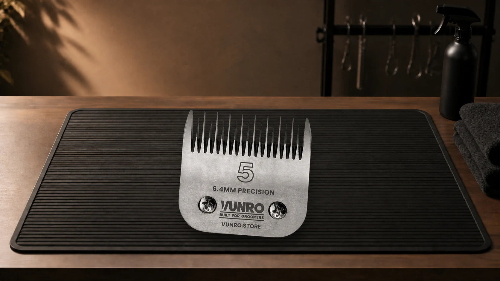 #5 Ceramic Skip Tooth Dog Clipper Blade (6.4mm) resting naturally on the VUNRO grooming workbench